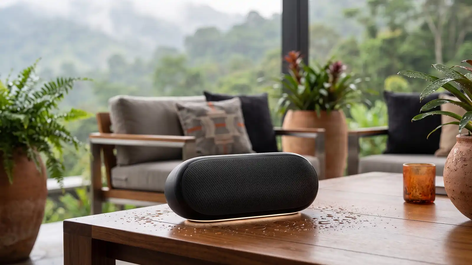 Bocina Bluetooth Harman Kardon Luna 2 color negro con iluminación ambiental en una terraza.