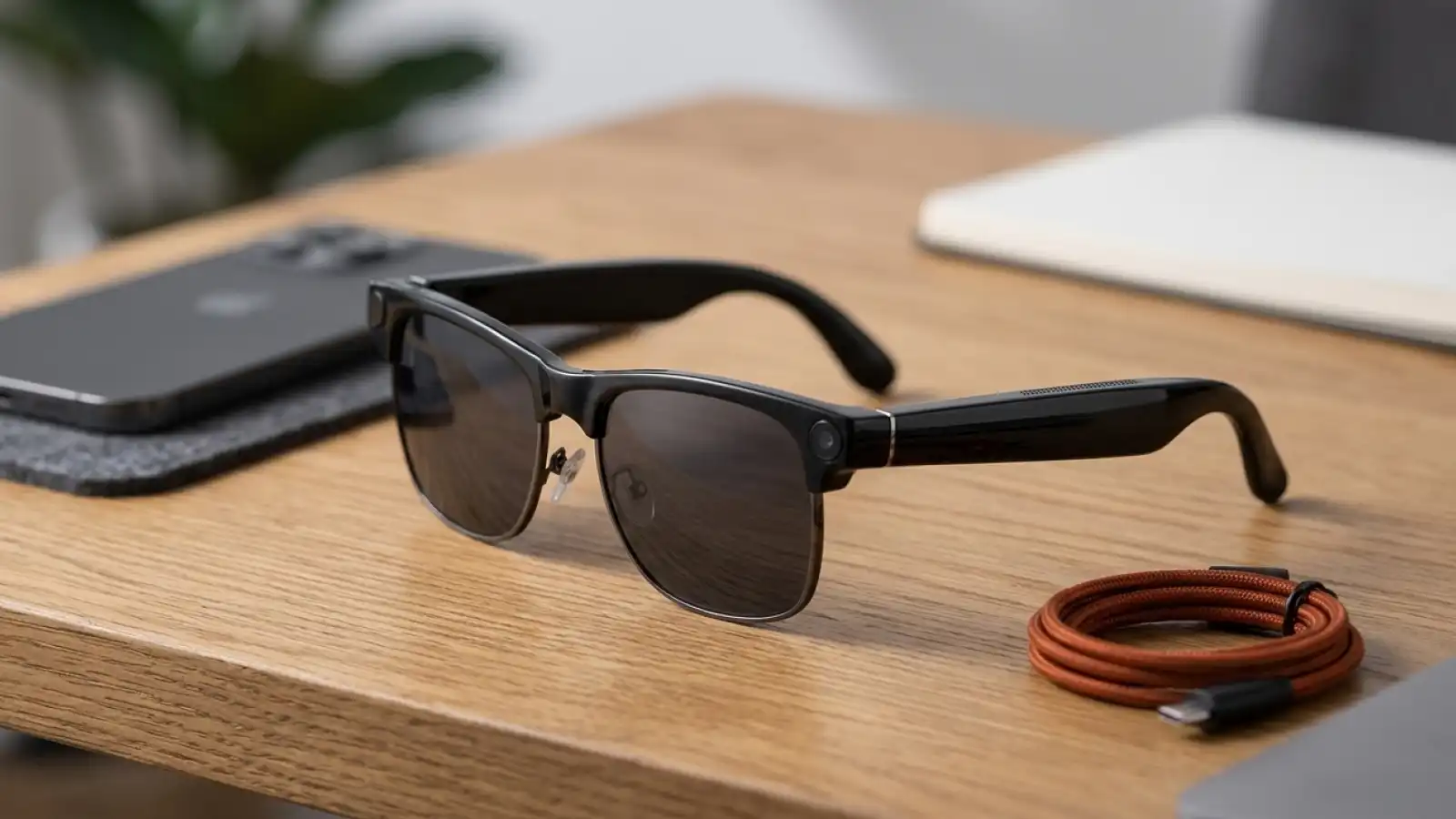 Lentes conectados de audio y cámara junto a un teléfono sobre una mesa de trabajo.