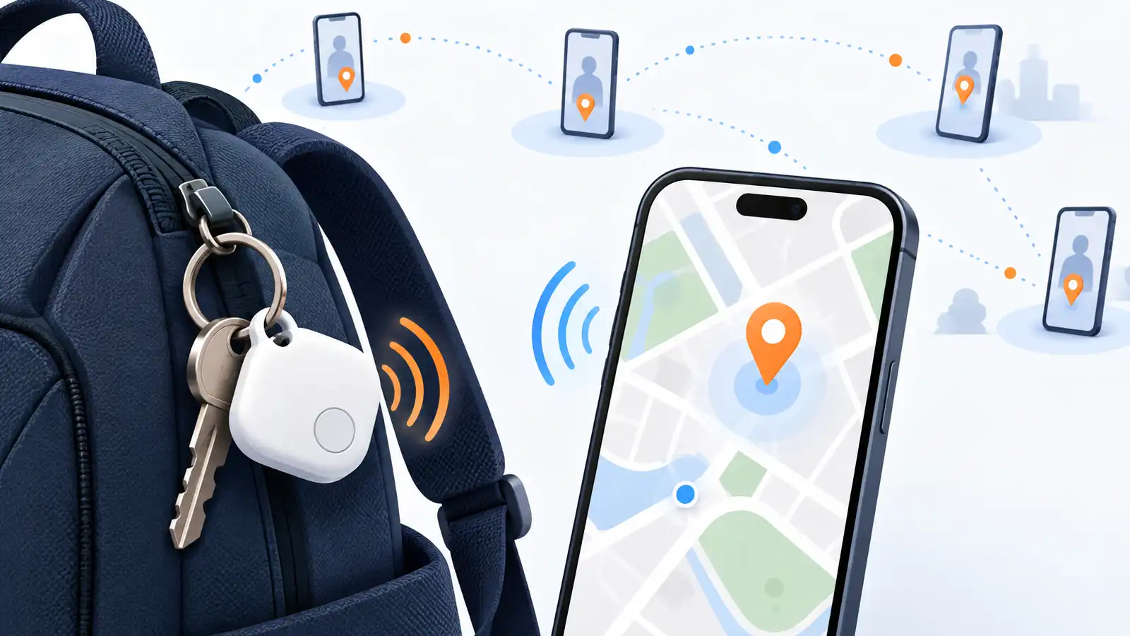 Etiqueta localizadora junto a unas llaves y un teléfono que muestra una ubicación aproximada en un mapa.