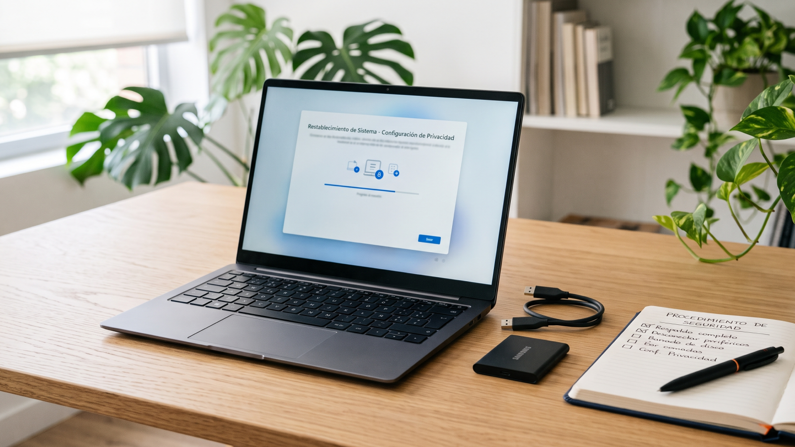 Laptop preparada para borrar datos y restablecer Windows 11 antes de entregarla.