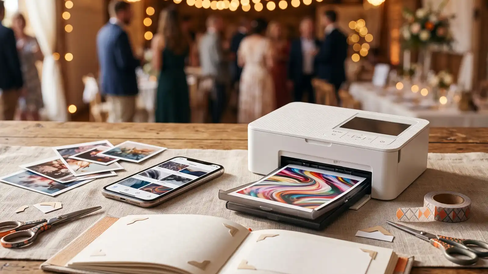 Impresora fotográfica compacta produciendo una fotografía desde un teléfono para un álbum.