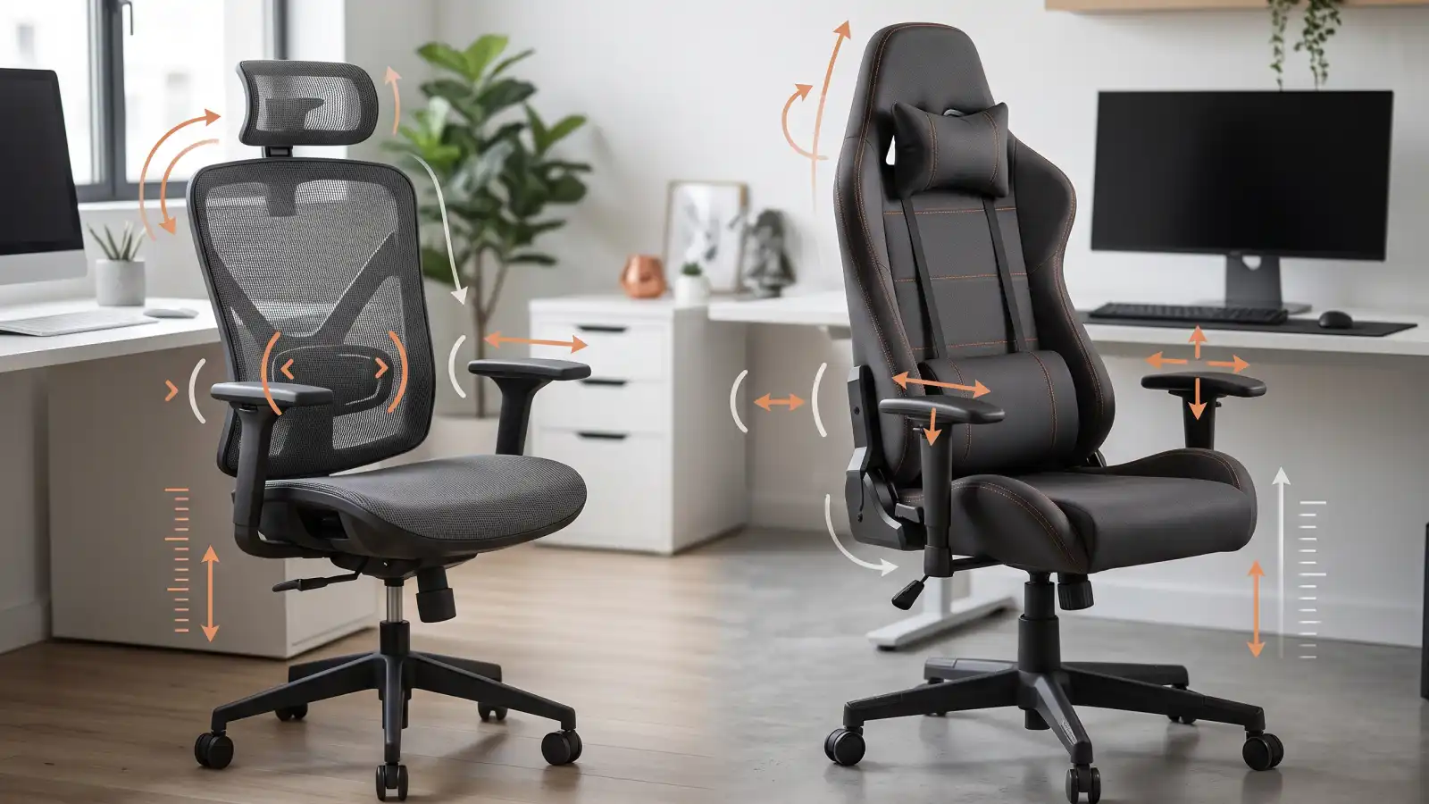 Silla ergonómica de oficina y silla gaming colocadas frente a escritorios con computadora.